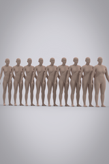 Female avatars ranging from US sizes 0-16 standing in a line from the front. Smallest to largest from left to right. Avatars are unclothed with light skin tone and no hair, arms are slightly raised. 