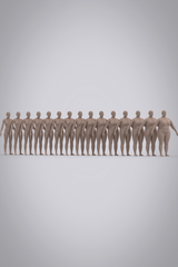 Female avatars ranging from US sizes 0-28 standing in a line, view from the front. Smallest to largest from left to right. Avatars are unclothed with light skin tone and no hair, arms are slightly raised. 