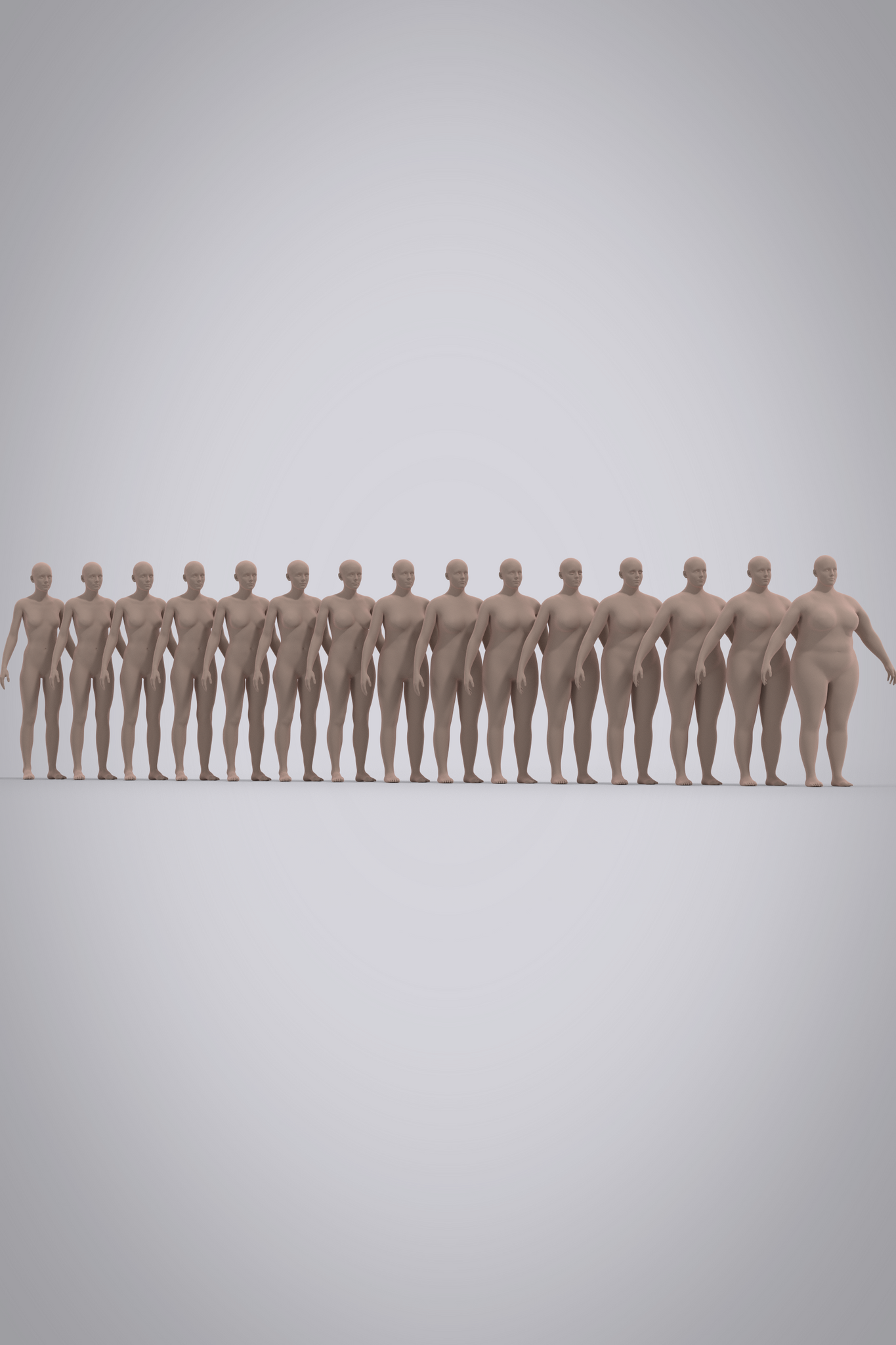 Female avatars ranging from US sizes 0-28 standing in a line, view from the front. Smallest to largest from left to right. Avatars are unclothed with light skin tone and no hair, arms are slightly raised. 