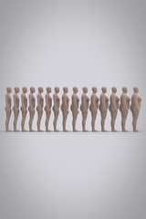 Female avatars ranging from US sizes 0-28 standing in a line facing the right, view is of their right sides. Smallest to largest from left to right. Avatars are unclothed with light skin tone and no hair, arms are slightly raised. 