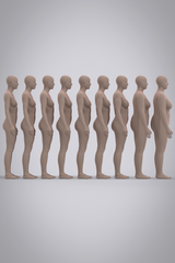 Female avatars ranging from US sizes 0-16, standing in a line from left to right, smallest to largest. Avatars are unclothed with light skin tone and no hair. View is from their right sides. 