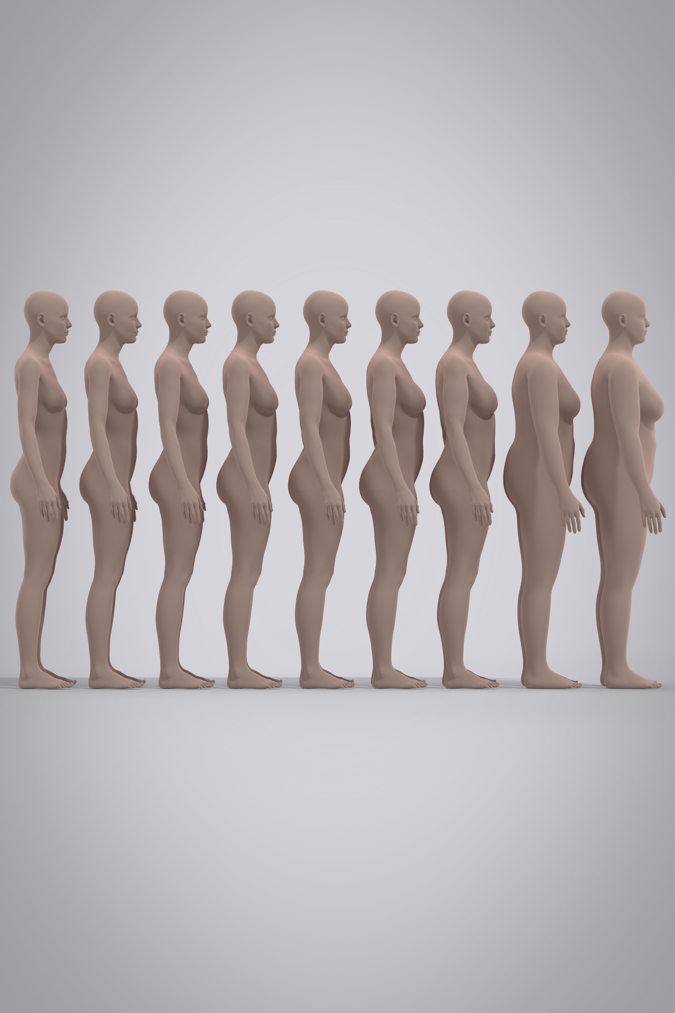 Female avatars ranging from US sizes 0-16, standing in a line from left to right, smallest to largest. Avatars are unclothed with light skin tone and no hair. View is from their right sides. 