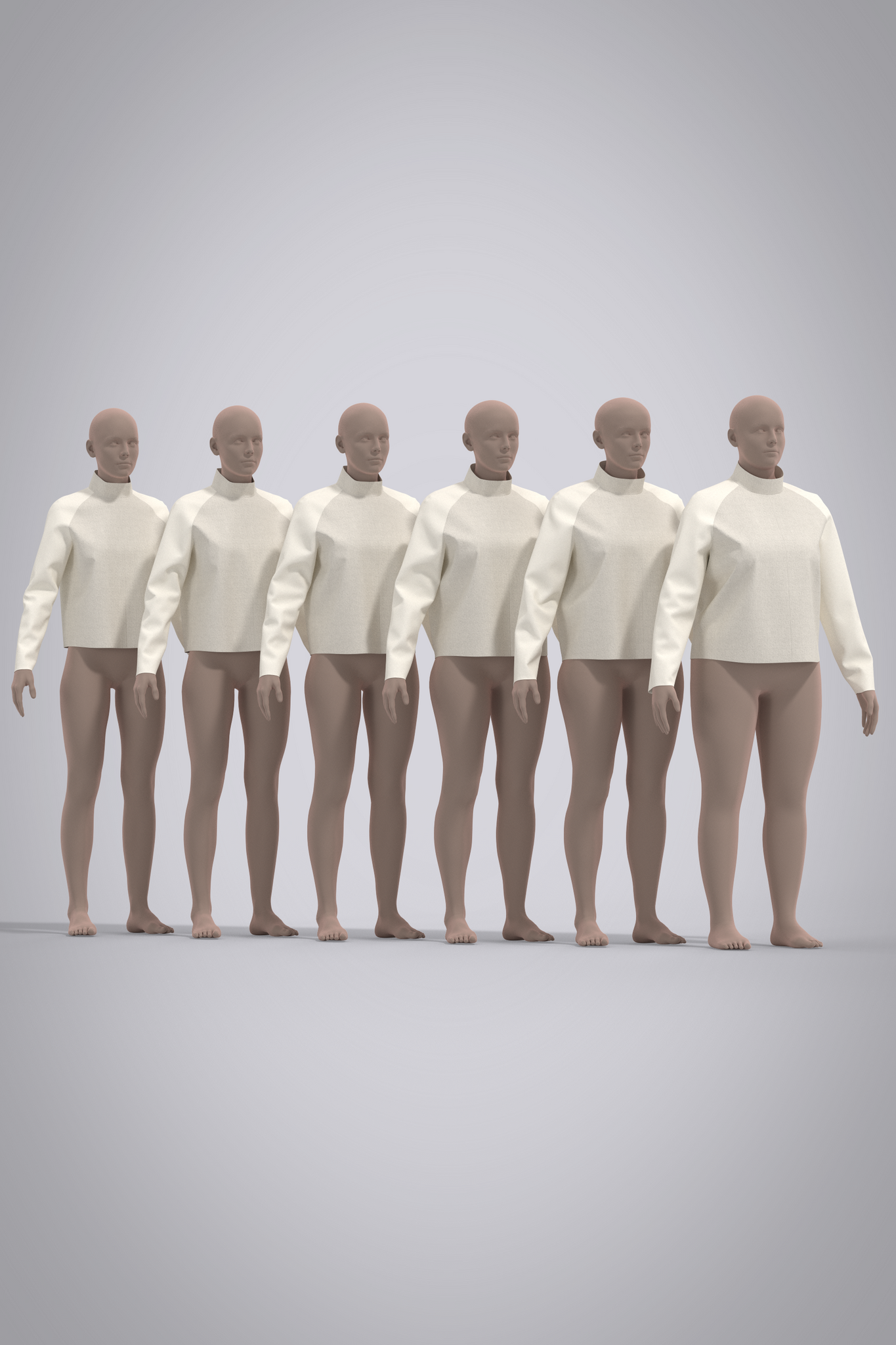 Female 3D raglan jacket in beige with stand collar shown in 6 sizes across 6 applicable avatars with light skin tone.