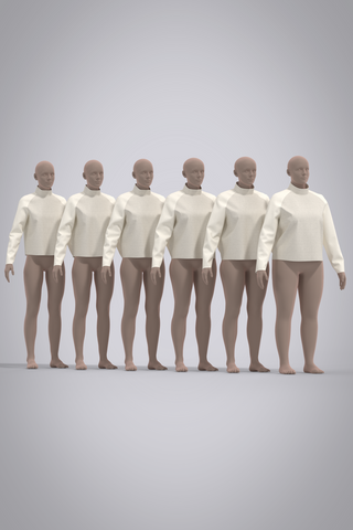 Female 3D raglan jacket in beige with stand collar shown in 6 sizes across 6 applicable avatars with light skin tone.