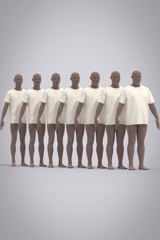 Male t-shirt 3D garment block shown in 7 sizes on applicable avatars with medium to dark skin tone. 