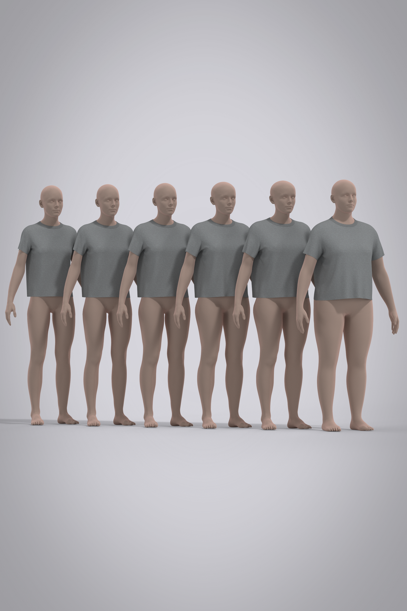 Grey women's t-shirt 3D garment shown in 6 sizes across applicable avatars with light skin. 