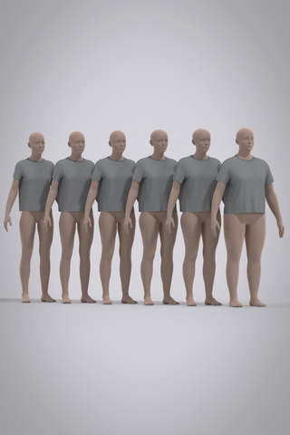 Grey women's t-shirt 3D garment shown in 6 sizes across applicable avatars with light skin. 