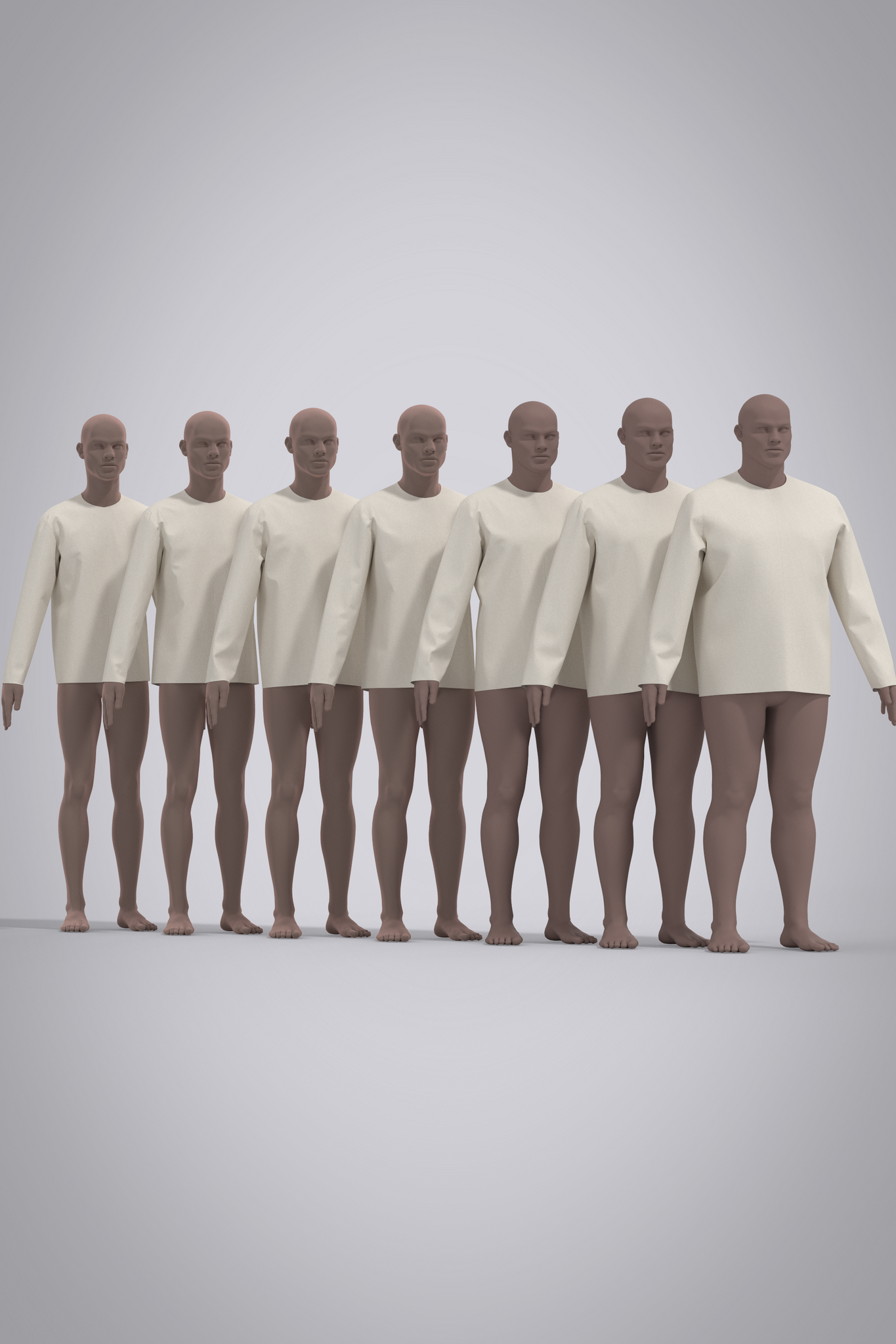 Male top or shirt 3D garment block shown in 7 sizes on applicable avatars with medium skin tone. 