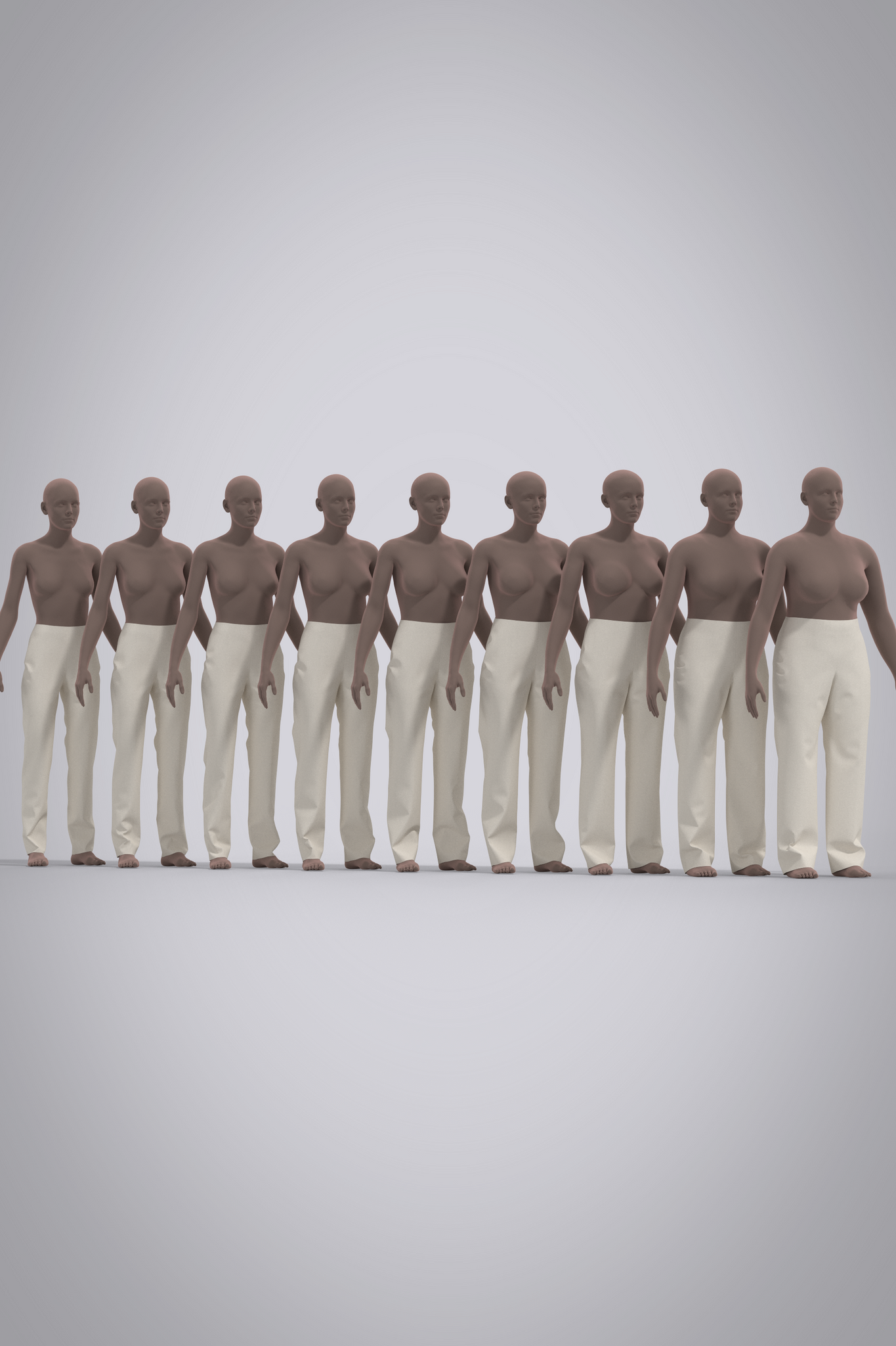 Beige, high-rise trouser block 3D garment shown on 9 different avatars in female US sizes 0-16. 