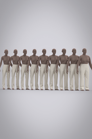 Beige, high-rise trouser block 3D garment shown on 9 different avatars in female US sizes 0-16. 