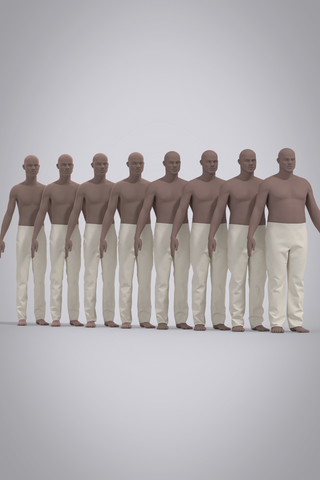 Male trouser 3D garment block shown in 8 sizes on applicable avatars with medium to dark skin tone. 