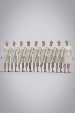 Female dress 3D garment block shown in 9 sizes on applicable avatars with light skin tone. 