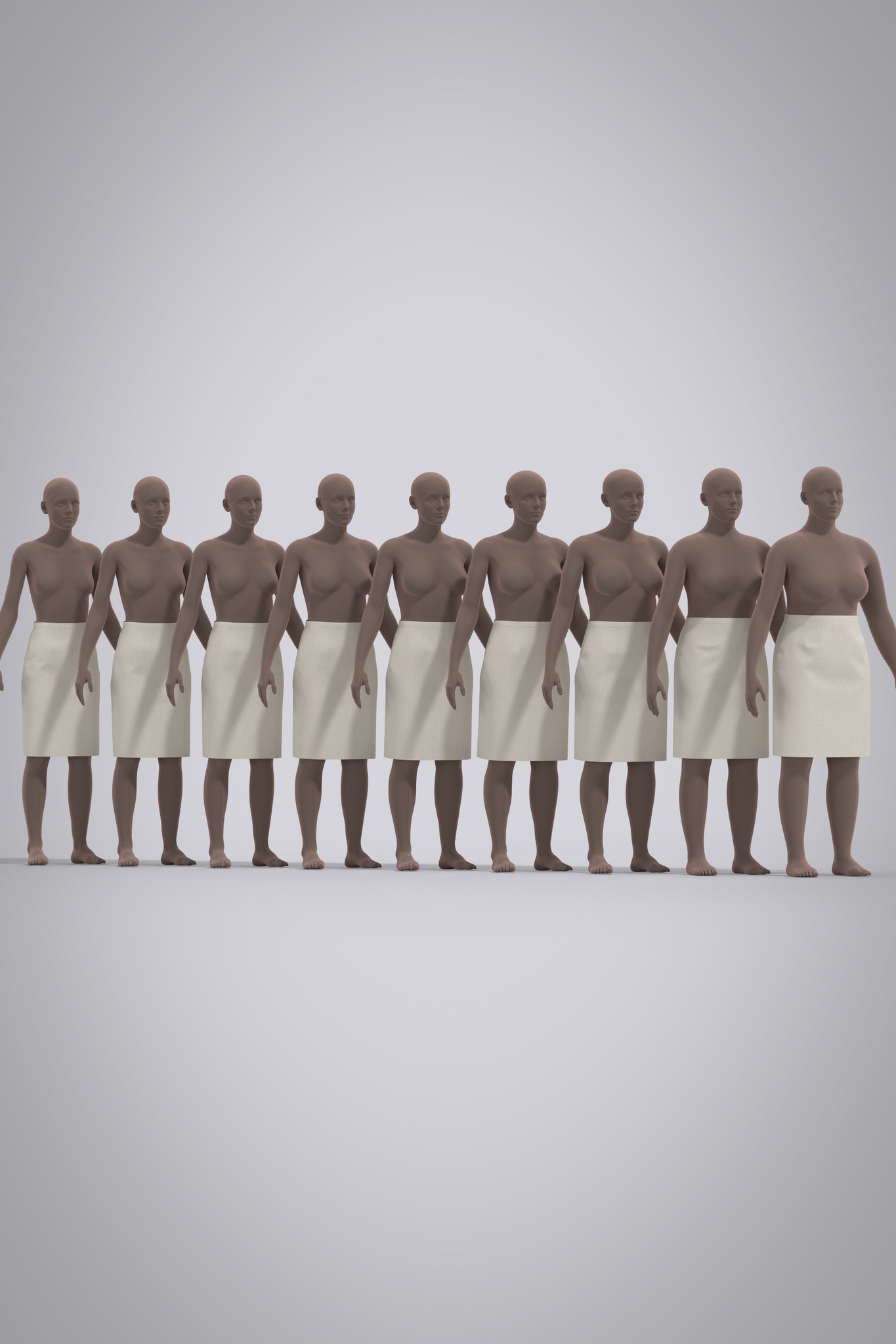 Female skirt 3D garment block shown in 9 sizes on applicable avatars with medium to dark skin tone.