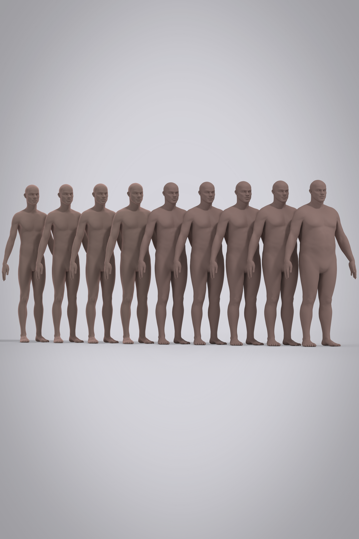 9 Male avatars ranging from size 28-45 imperial waist, avatars are unclothed with medium brown skin tone with arms slightly raised in a line viewed from the front.