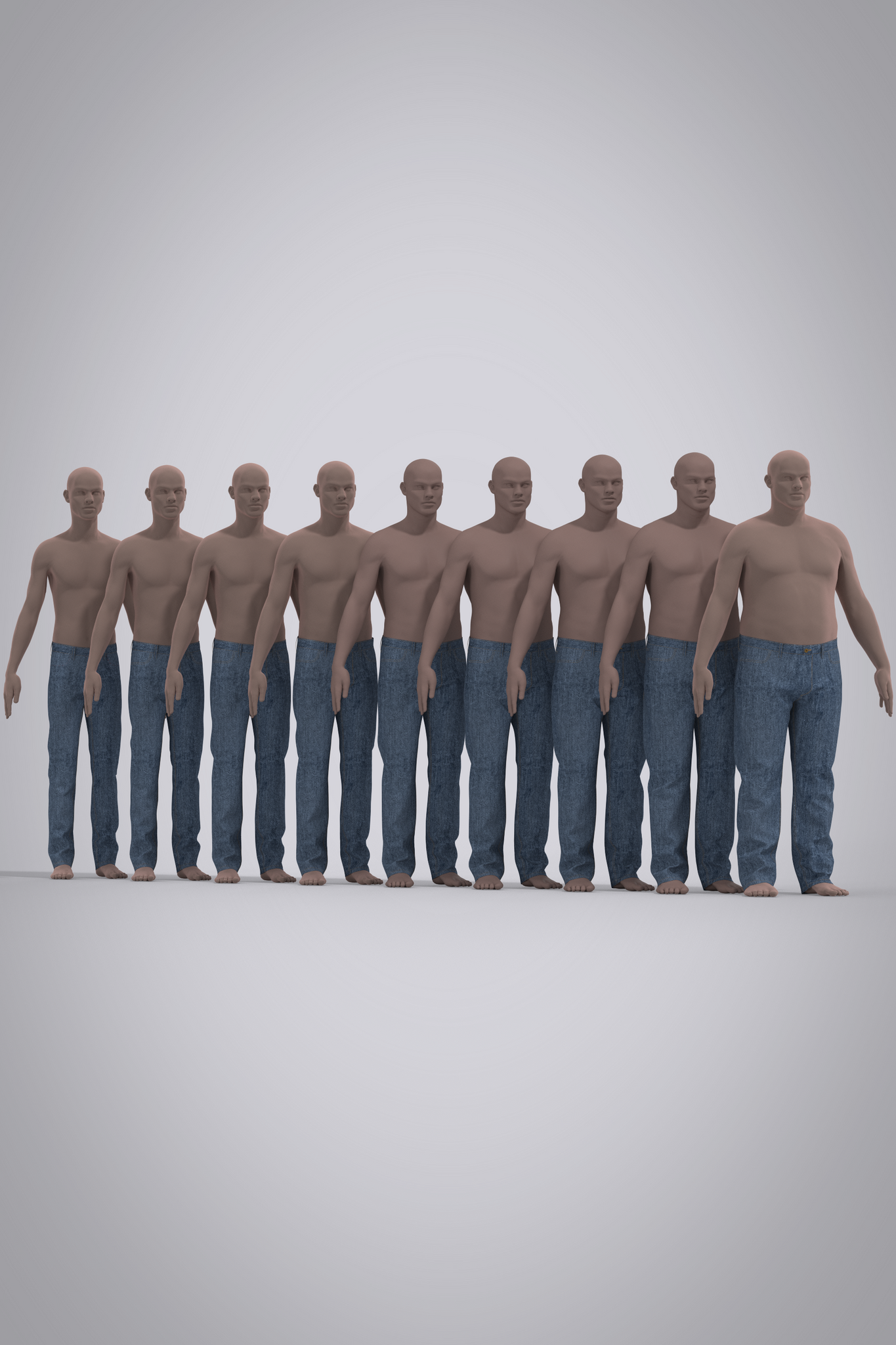 Row of digital mannequins from mens size 28-44 wearing 3D blue jeans on a gray background