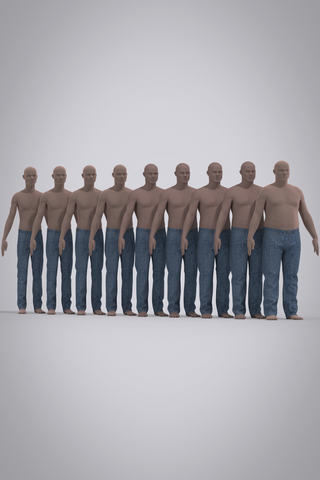 Row of digital mannequins from mens size 28-44 wearing 3D blue jeans on a gray background