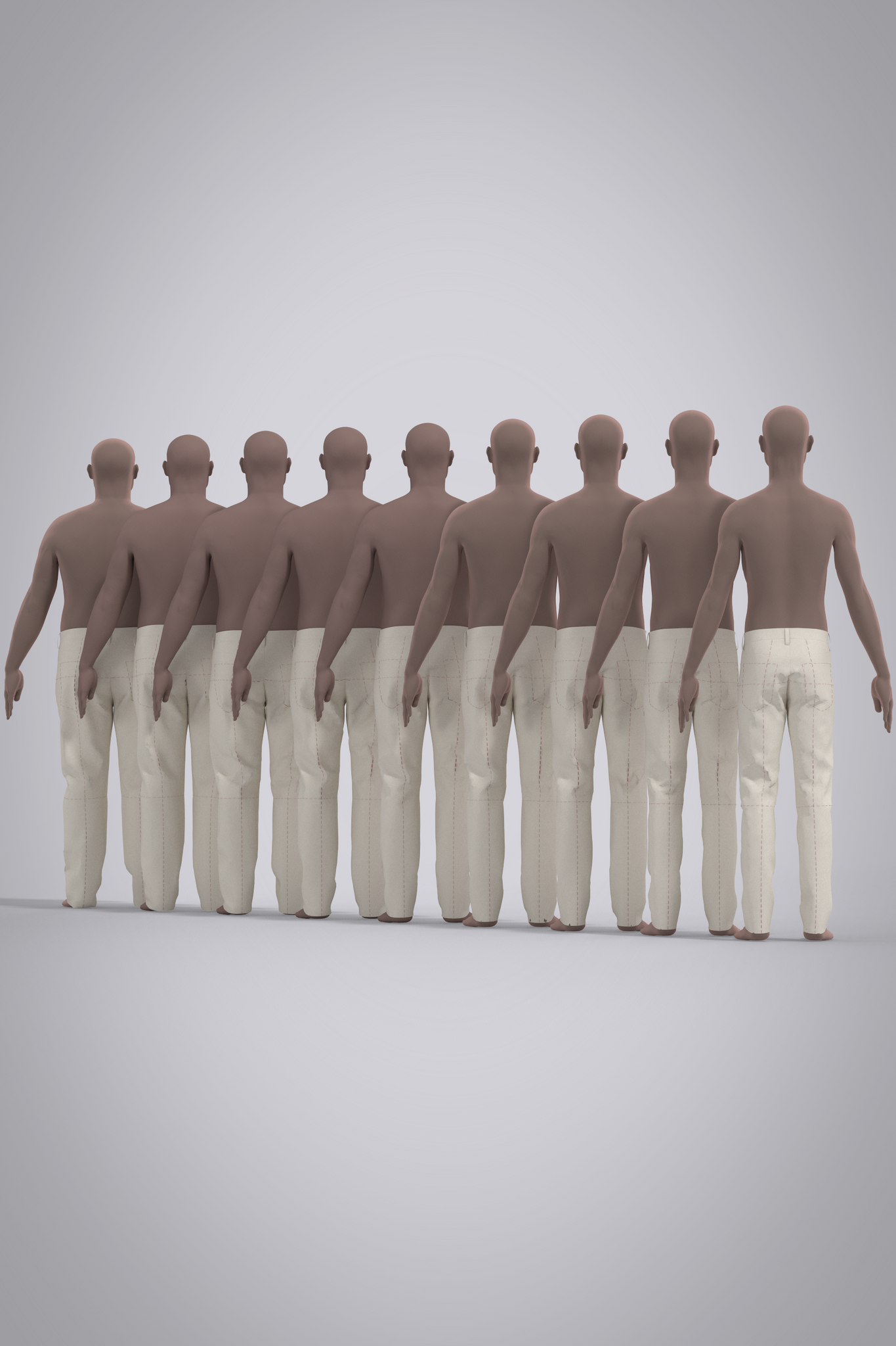Back view of a line of male digital mannequins sizes 28-44 wearing beige jean block pattern on a gray background