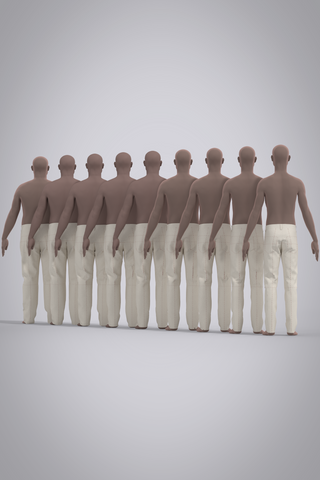 Back view of a line of male digital mannequins sizes 28-44 wearing beige jean block pattern on a gray background
