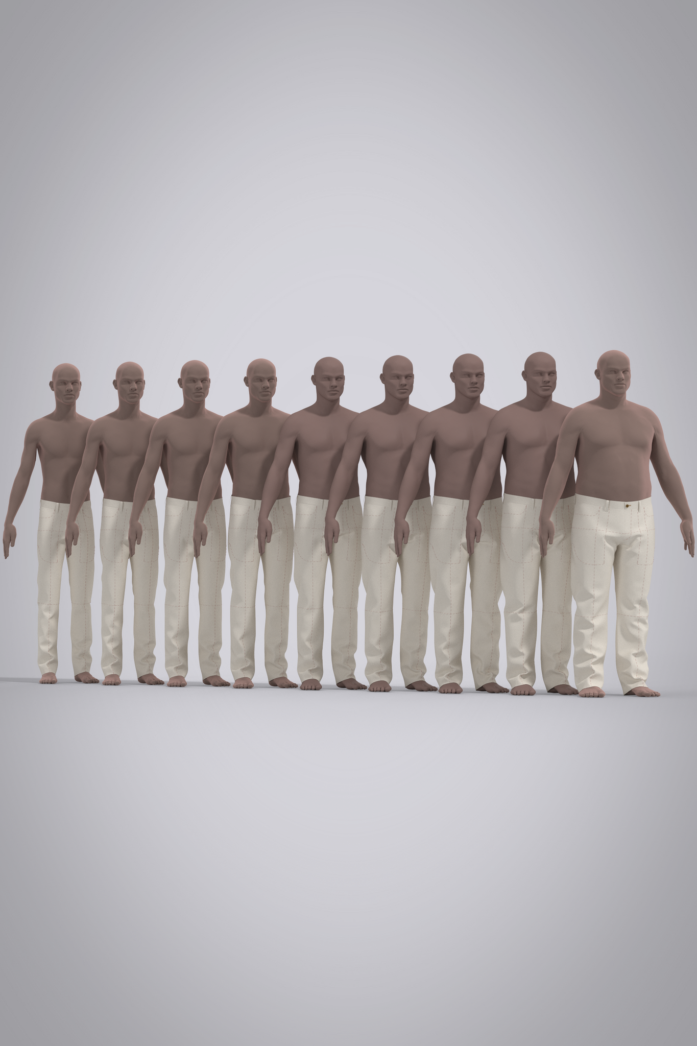 Row of digital male mannequins wearing beige jean block pattern on a gray background