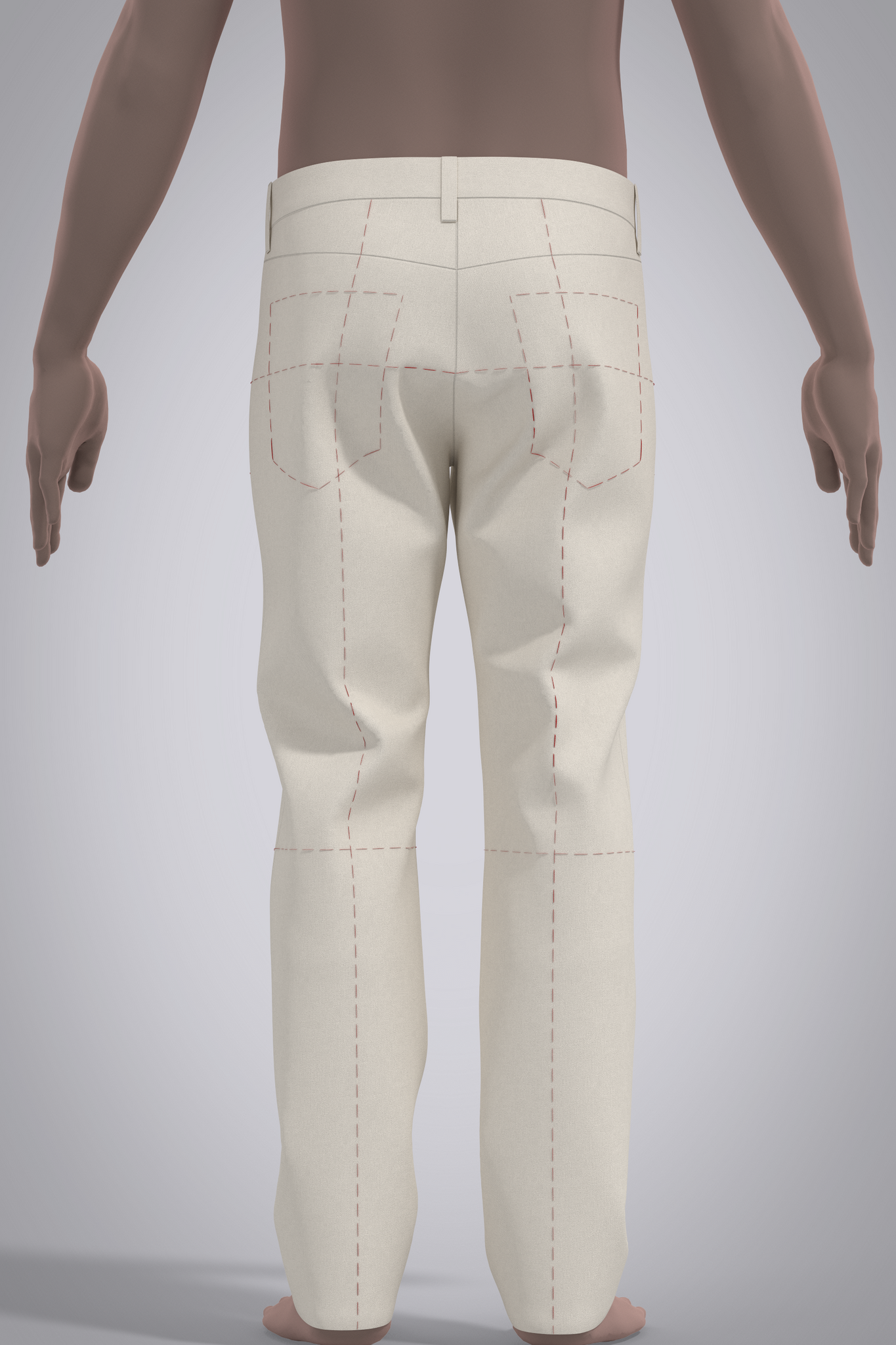 Back view of 3D beige jean block pattern worn on male digital mannequin.