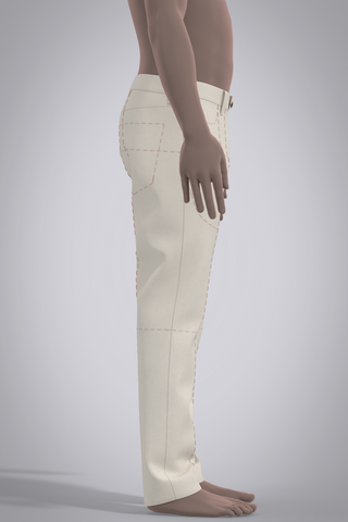 3D beige jean block pattern worn by male digital mannequin, side view from waist down.
