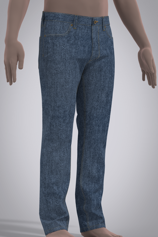 3D blue jeans on a male mannequin avatar against a plain background
