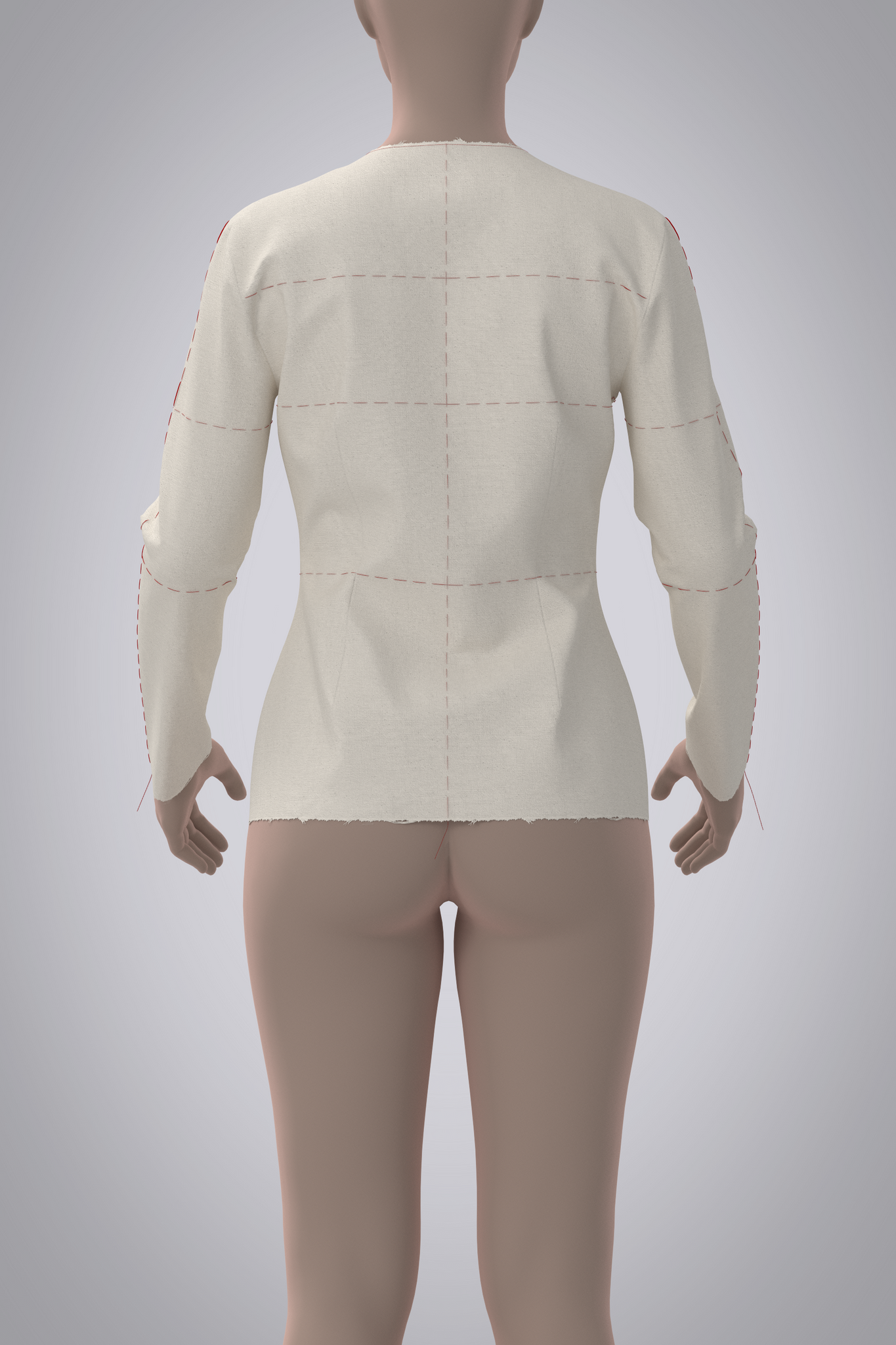 Back view of avatar wearing 3D long sleeve muslin bodice with red basting stitch balance lines