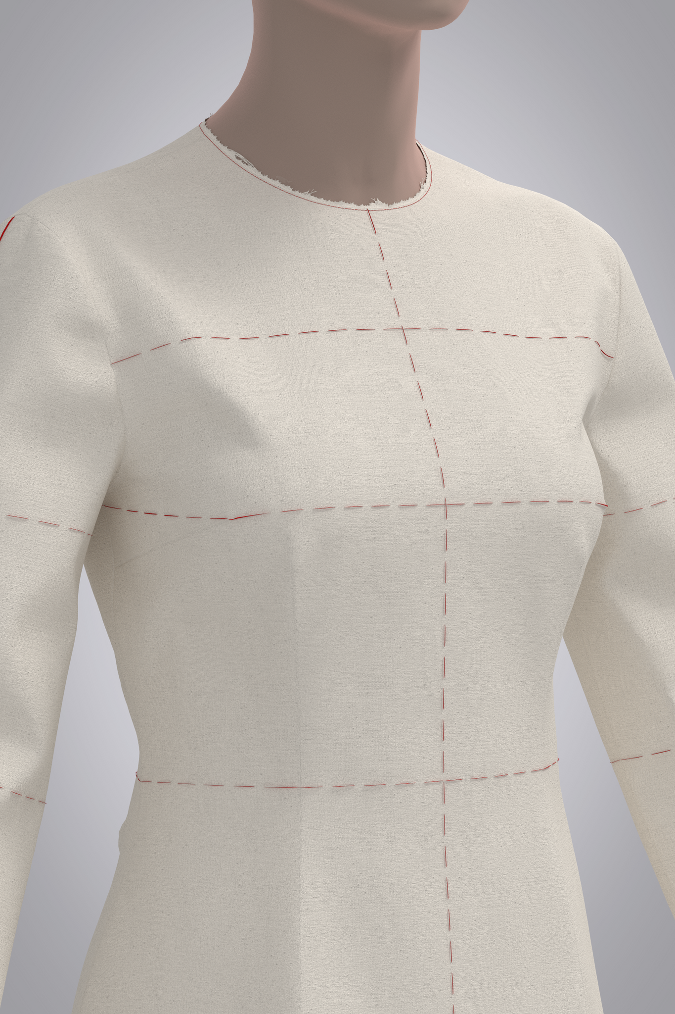 Front detail view of avatar wearing 3D long sleeve muslin bodice with red basting stitch balance lines