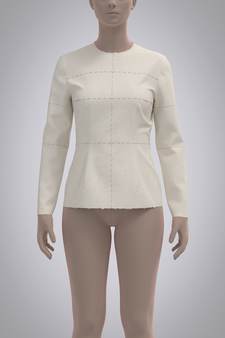 Front view of avatar wearing 3D long sleeve muslin bodice with red basting stitch balance lines