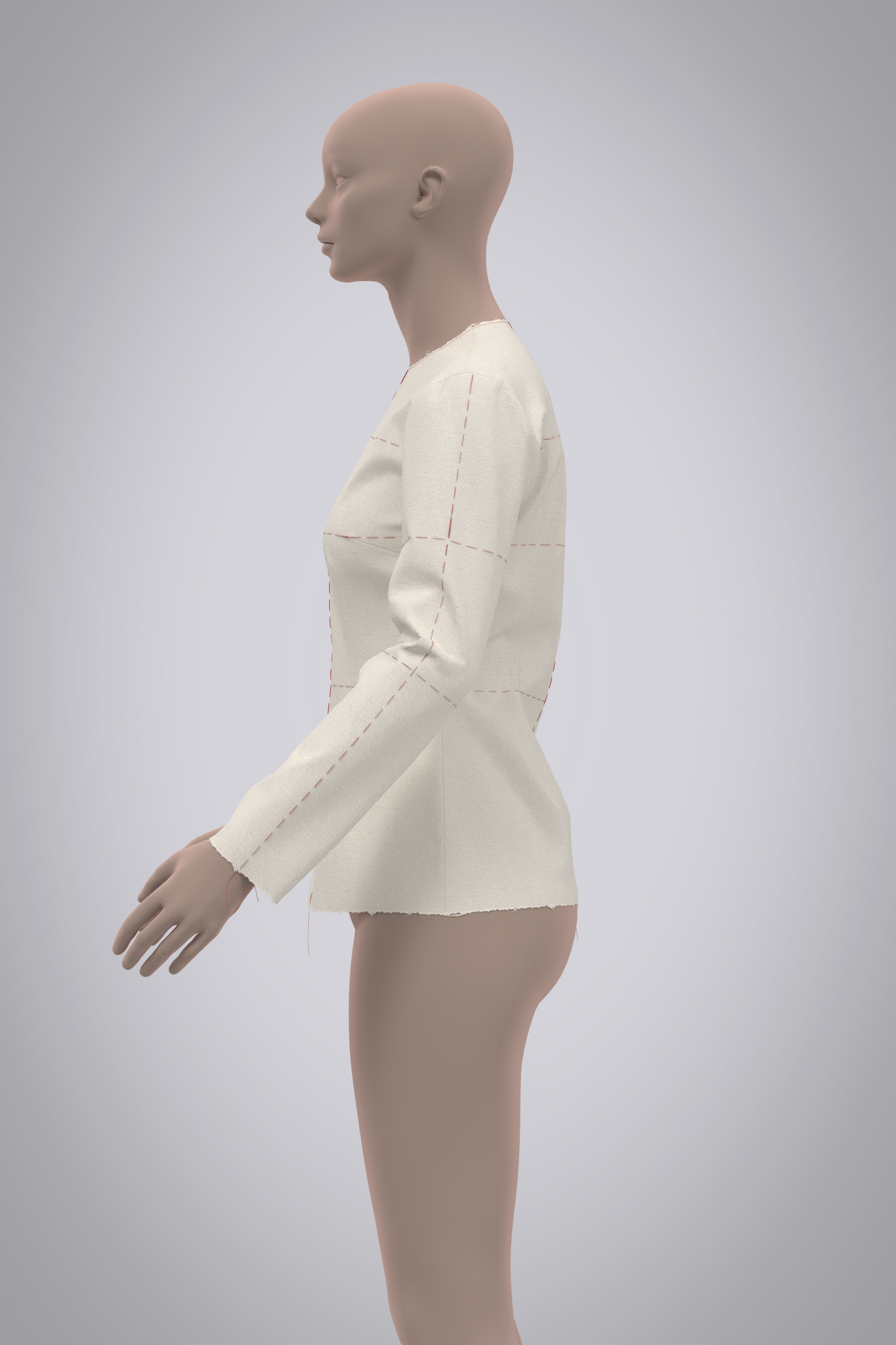 Left side view with bent arm of avatar wearing 3D long sleeve muslin bodice with red basting stitch balance lines