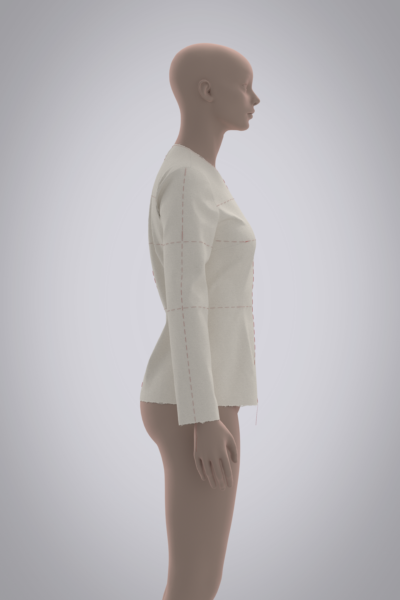 Right side view of avatar wearing 3D long sleeve muslin bodice with red basting stitch balance lines