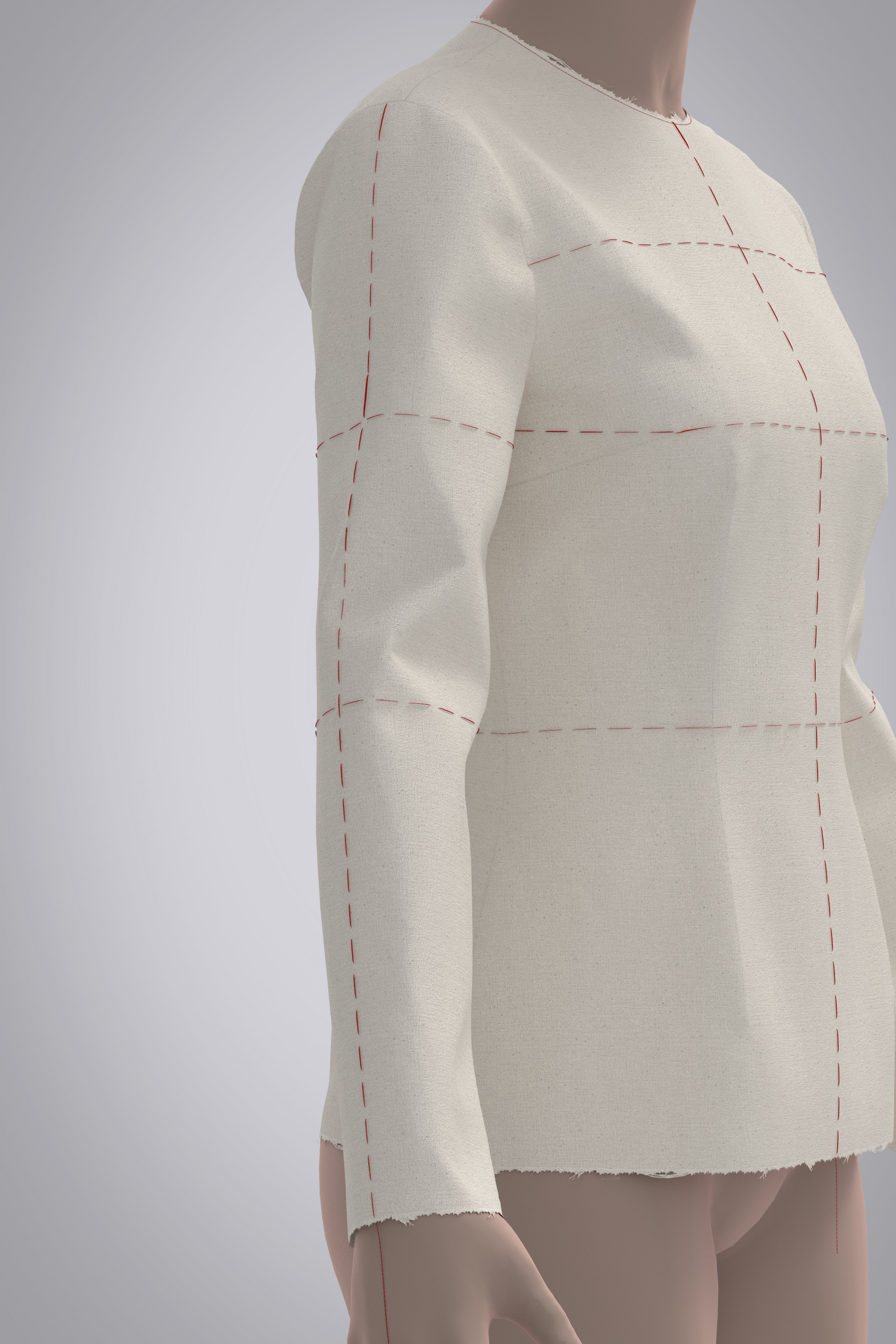 Front three quarter detail view of avatar wearing 3D long sleeve muslin bodice with red basting stitch balance lines