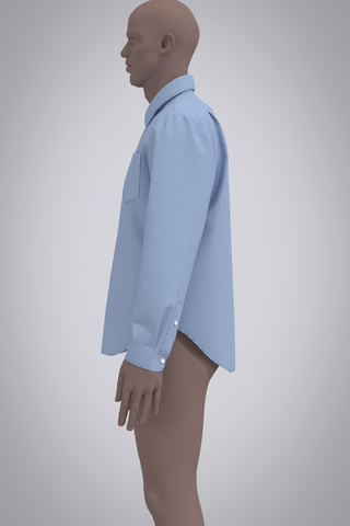 Digital blue oxford button-down shirt on male avatar. View from left side with arms down by side, cropped just below knees.