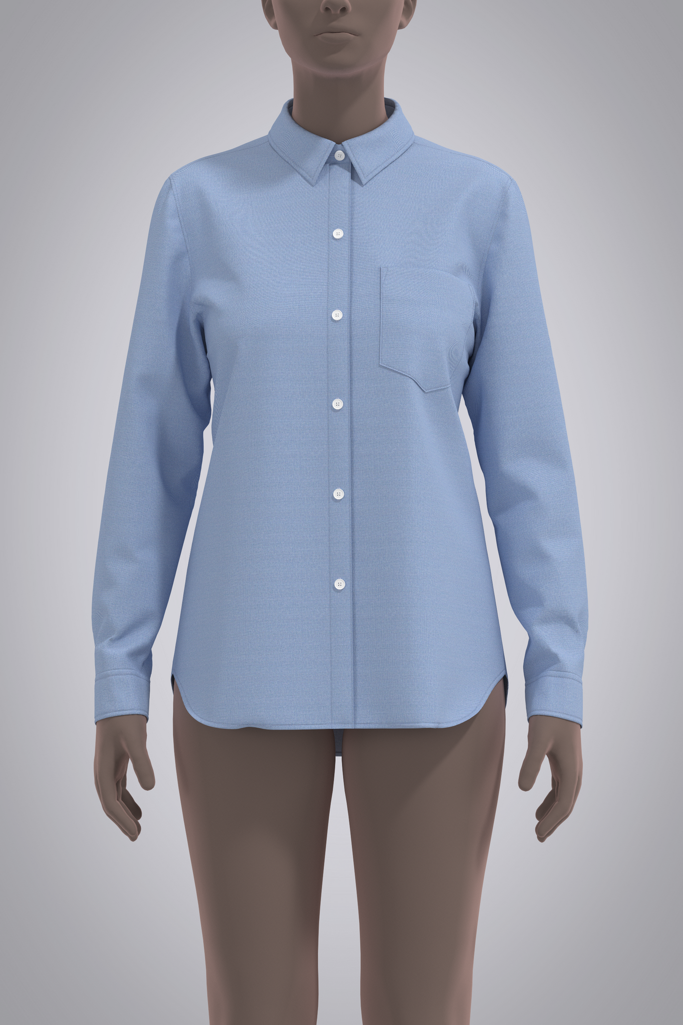 Female avatar in 3D button-down blue oxford shirt. View from front with arms by side, cropped just below knees and above nose.