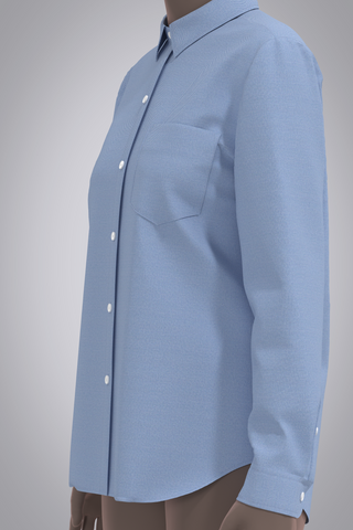 Female avatar in 3D button-down blue oxford shirt. Detail front, 3/4 turned view cropped at top and bottom of shirt.