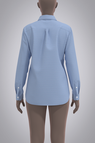 Female avatar in 3D button-down blue oxford shirt. Back view with arms by side, cropped just below knees.