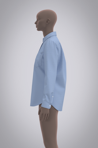 Female avatar in 3D button-down blue oxford shirt. Left side view with arms by side, cropped just below knees.