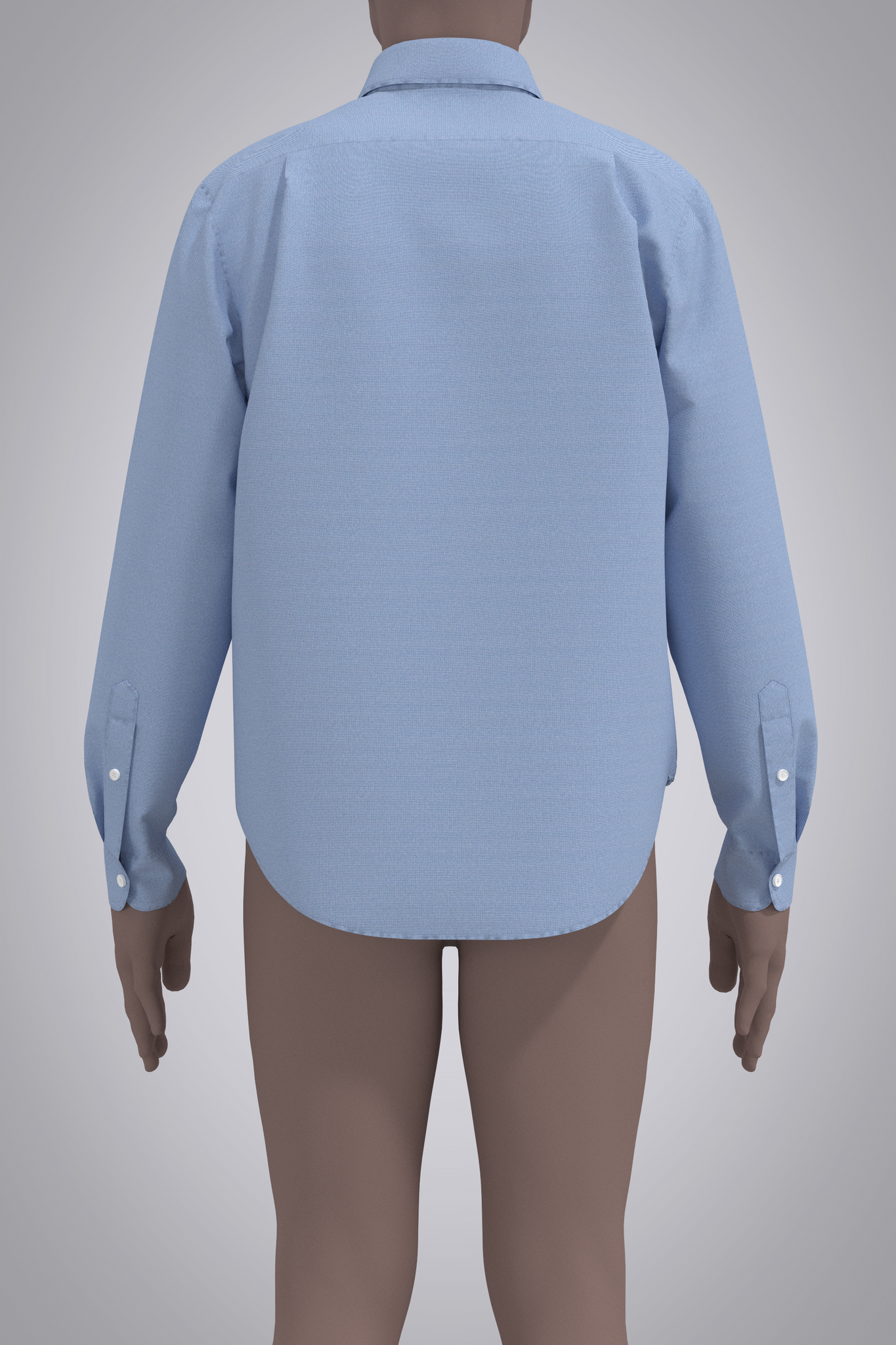 Digital blue oxford button-down shirt on male avatar. View from back with arms down by side, cropped at ears and just below knees.