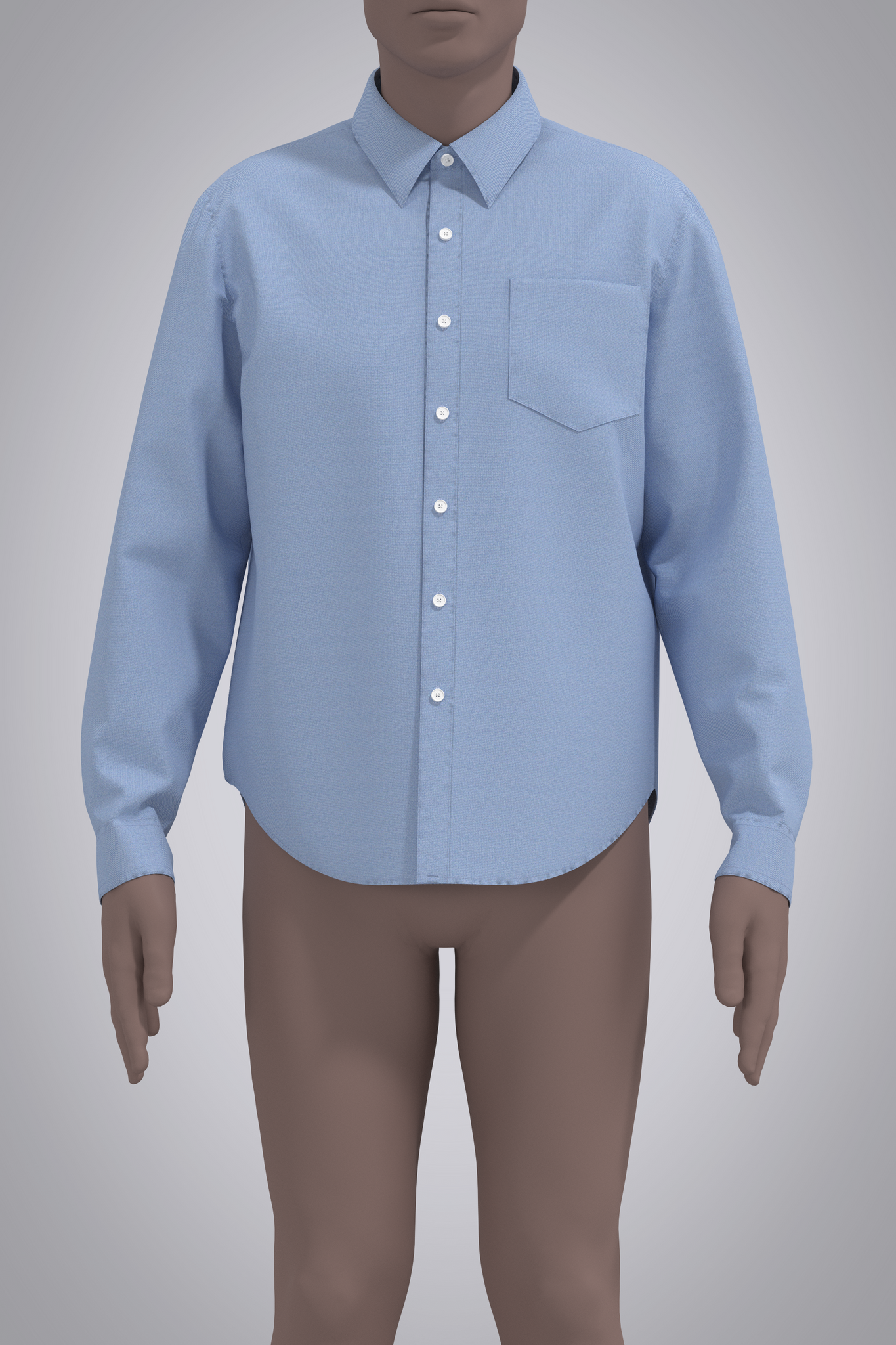 Digital blue oxford button-down shirt on male avatar. View from front with arms down by side, cropped above lips and just below knees.