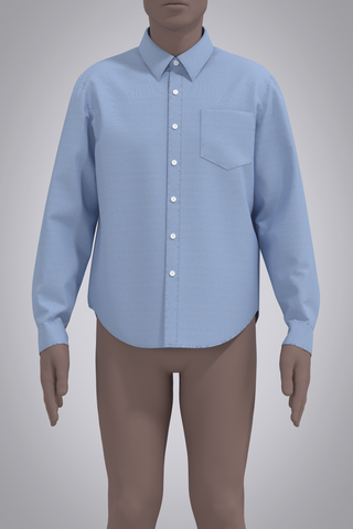 Digital blue oxford button-down shirt on male avatar. View from front with arms down by side, cropped above lips and just below knees.