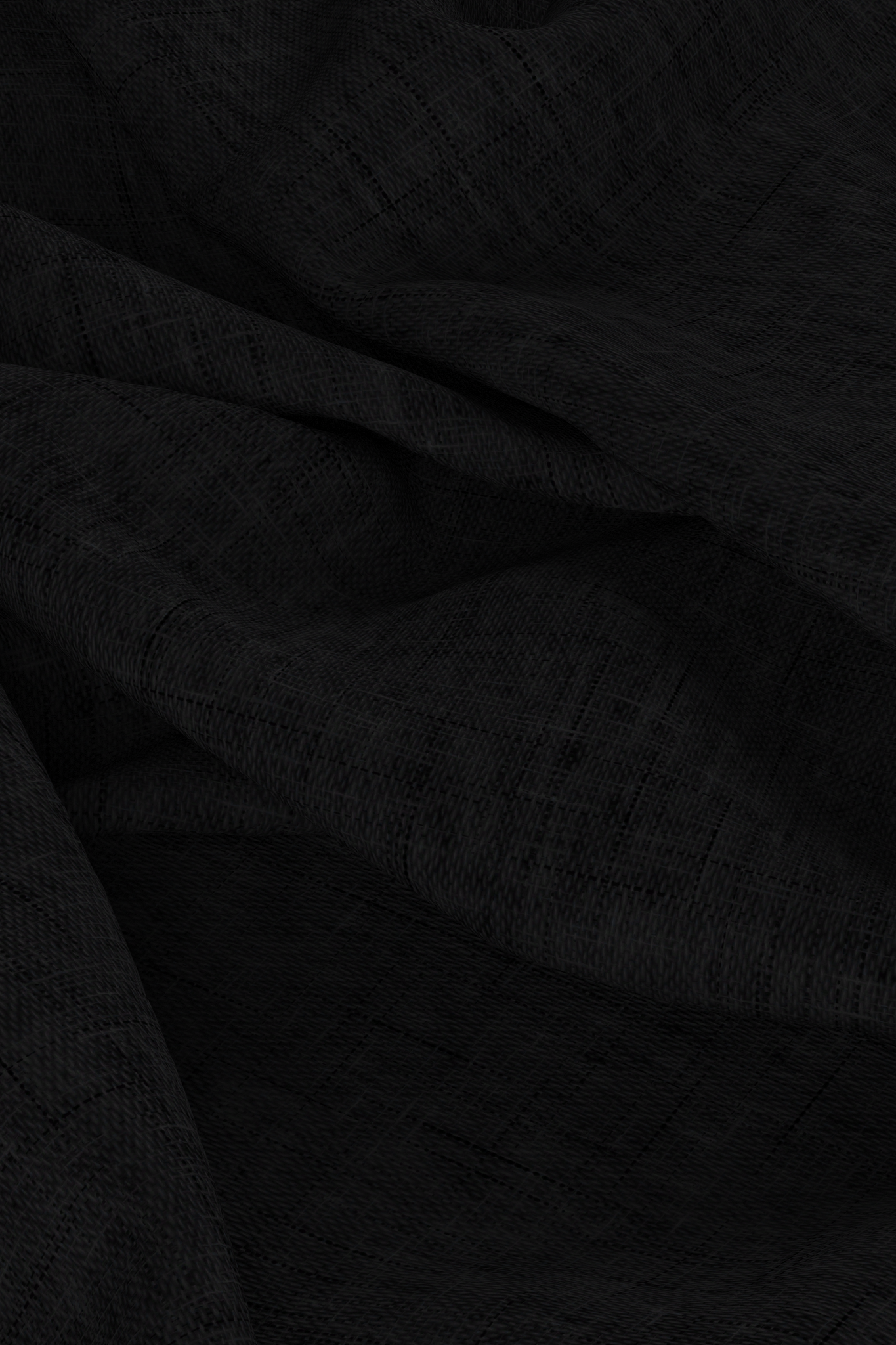 Digital linen chambray fabric, draped on floor with folds in it, charcoal black colour. 