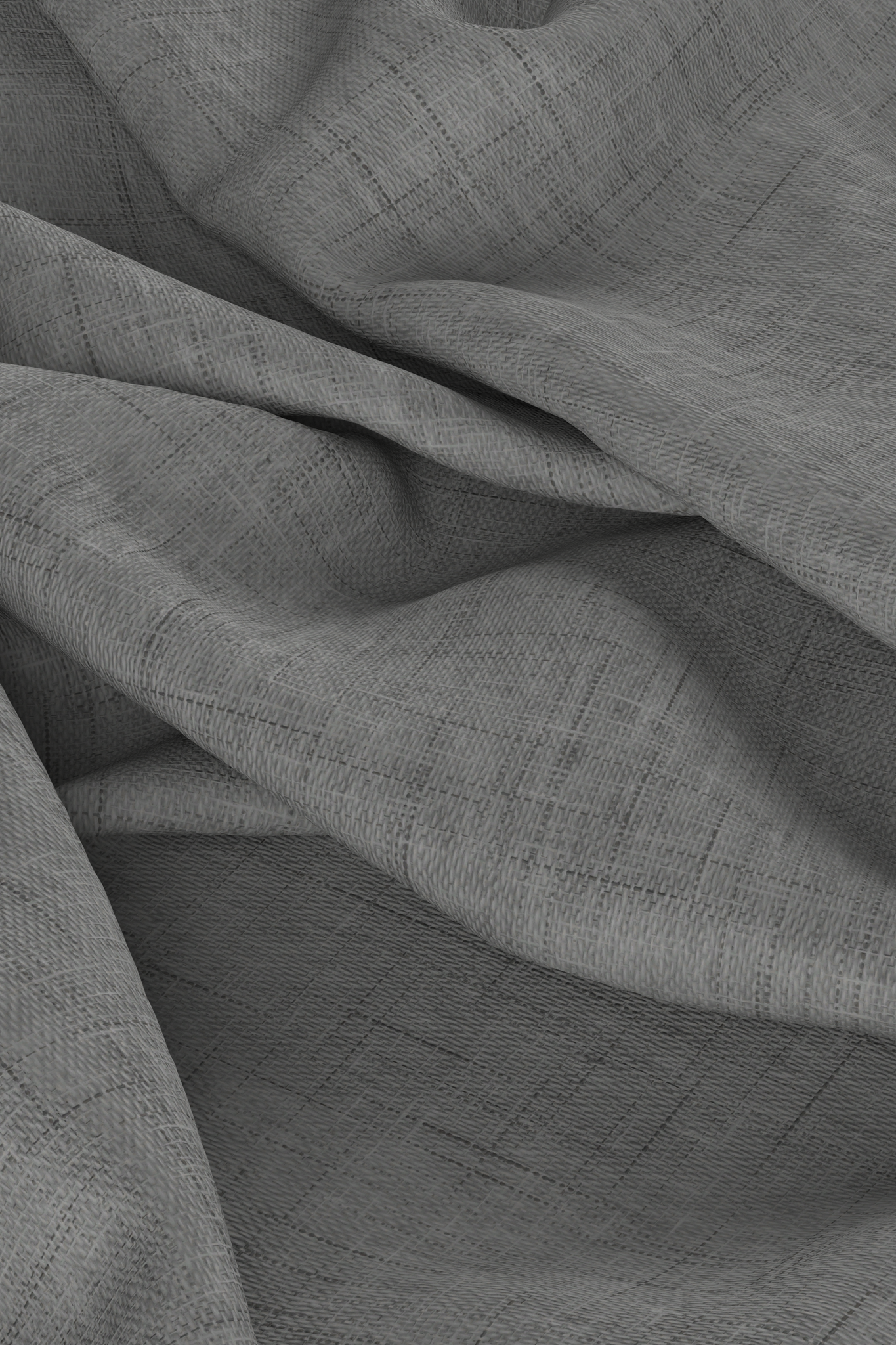 Digital linen chambray fabric, draped on floor with folds in it, light grey colour. 