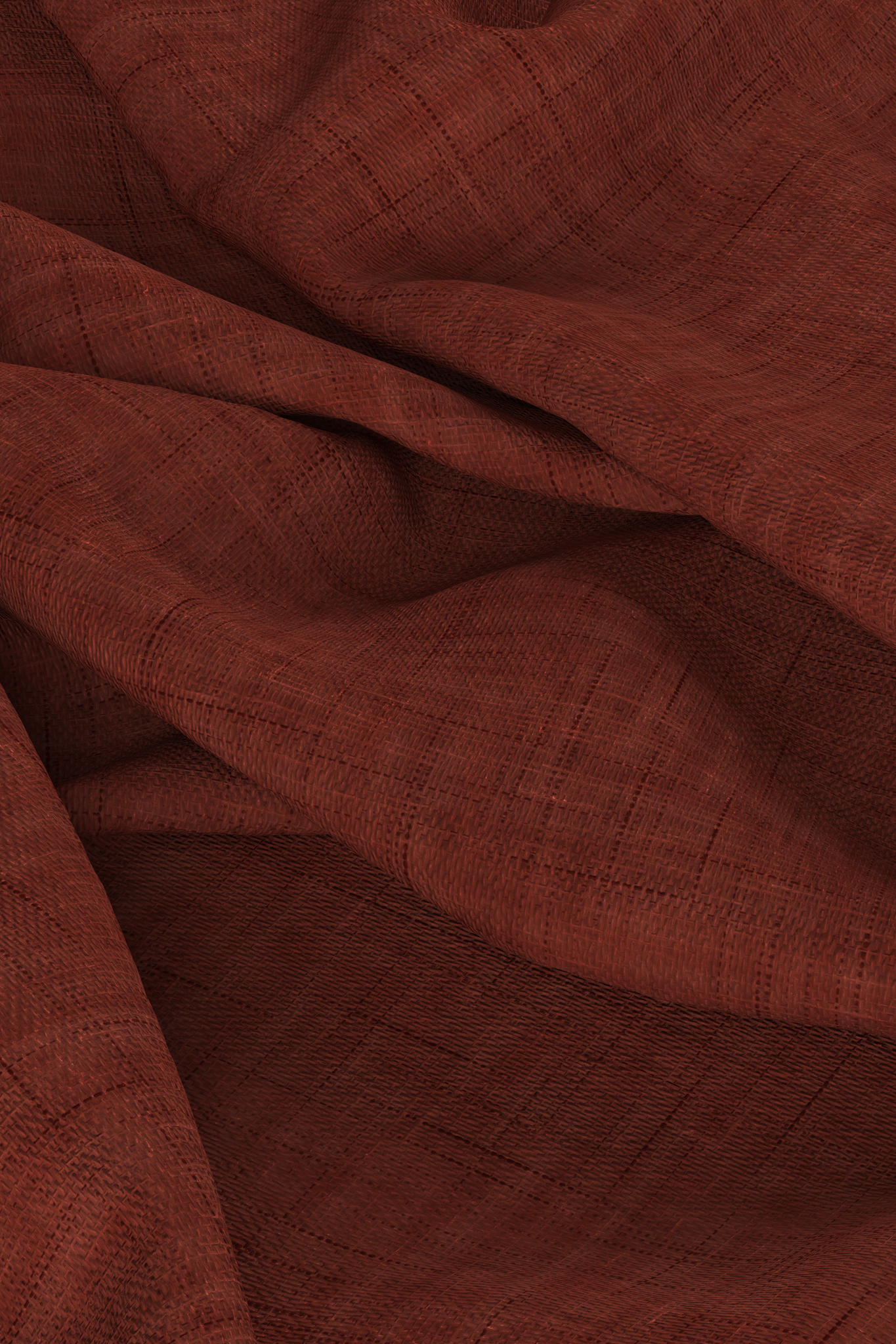 Digital linen chambray fabric, draped on floor with folds in it, rust red colour. 