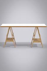 Design desk 3D Object with white laminate top, woode sides, wooden sawhorse legs with shelf.