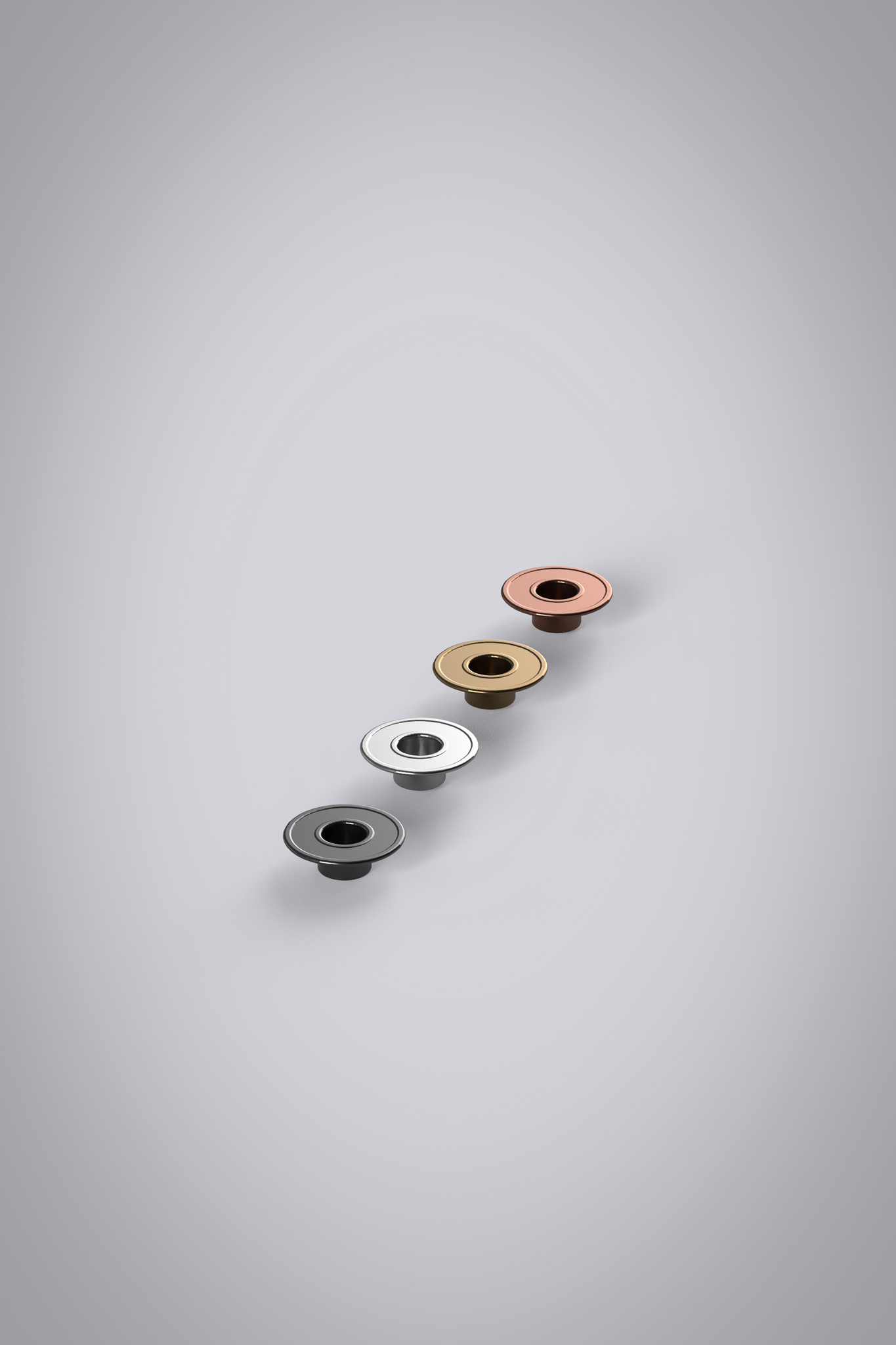 3D donut jean button, brushed metal, set of 4 in graphite, silver, brass and copper on grey gradient background.