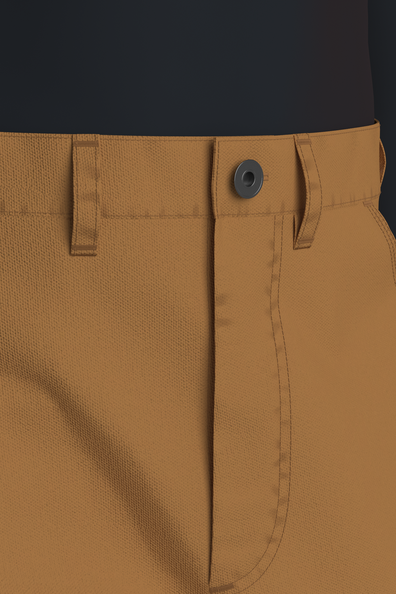 Close up front view of 3D work pants at fly with graphite metal button, belt loops. Pant is orange with topstitching on dark blue avatar.