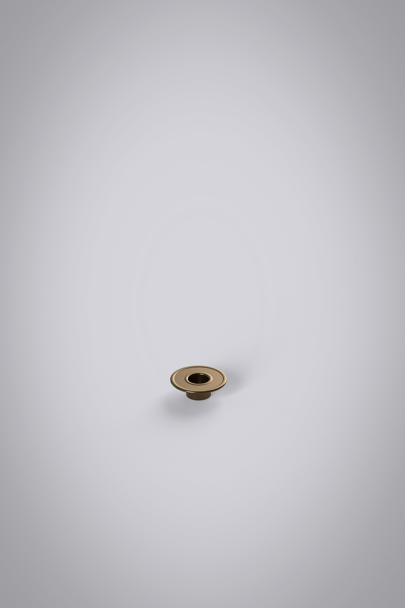 3D donut jean button, brushed brass on grey gradient background.