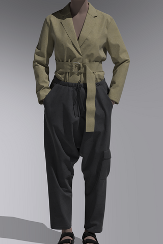 Front view from neck down of female avatar wearing 3D garments: Light olive wrap jacket with lapel and silver d-ring looped belt. Jacket is tucked into dark grey elastic waist drop crotch pant with drawstring and cargo pocket. Avatar is wearing black, 2 strap sandals.