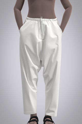 Female avatar wearing white drop crotch pants with elastic waist and drawstring, front view with avatar's hands in pockets.