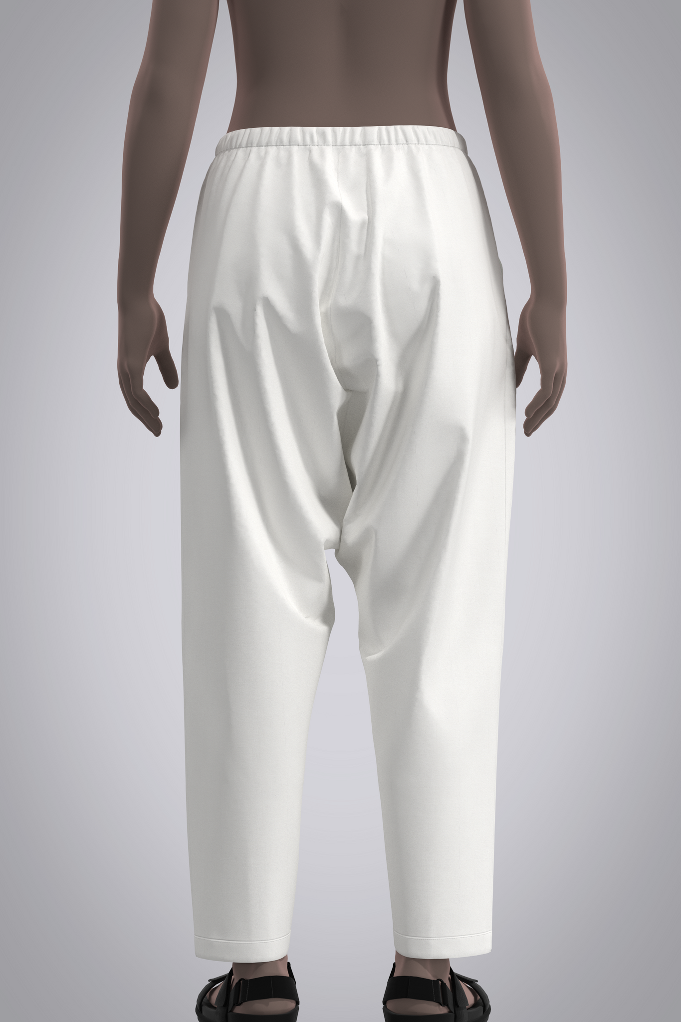 Female avatar wearing white drop crotch pants with elastic waist and drawstring, back view.